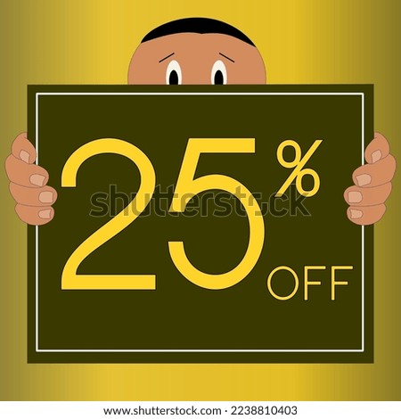 25% off for big sales Character holding green frame on green and yellow gradient background.