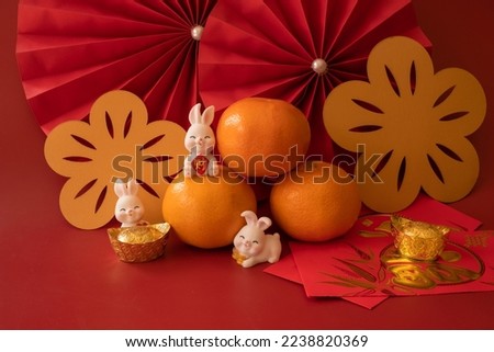 Chinese New Year of the rabbit festival concept. Mandarin orange, red envelopes, rabbit and gold ingot with red paper fans. Traditional holiday lunar New Year. Chinese character "cai" meaning money.