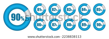 Vector set of Pie chart from 81 to 90 percent. Vector illustration.