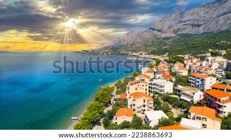 Aerial view of Primosten old town, amazing sunny landscape, Dalmatia, Croatia. 
Famous tourist resort on Adriatic sea coast.