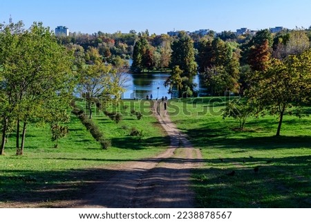 Landscape with footpath surrounded by vivid green and yellow trees, plants trees and grass towards the lake in Parcul Tineretului (Tineretului Park) in Bucharest, Romania, in a sunny autumn day Royalty-Free Stock Photo #2238878567