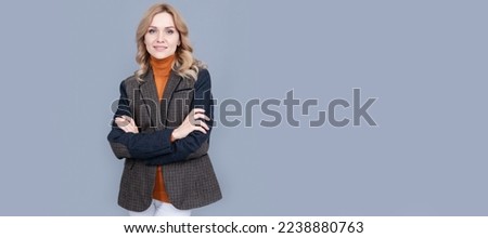 Woman portrait, isolated header banner with copy space. smiling businesswoman in english clothes on grey background. cheerful blonde woman in jacket.