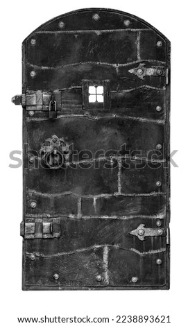 Selective focus. The close up old metal door with lock isolated on white Royalty-Free Stock Photo #2238893621