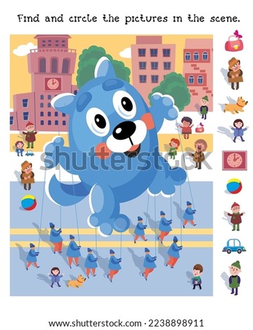Find and circle objects. Puzzle game for children. Cute balloon dog and people in uniform at the parade. Holiday, carnival. Cartoon character vector illustration. 