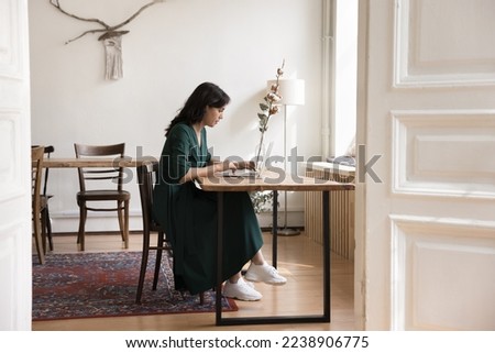 Serious young Asian business woman in casual using laptop computer at home office table, working on project, typing, sitting at desk in loft space interior. Candid side wide shot portrait