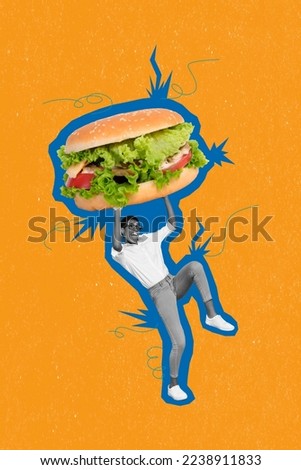 Collage 3d image of pinup pop retro sketch of excited lady guy catching big huge burger falling isolated painting background