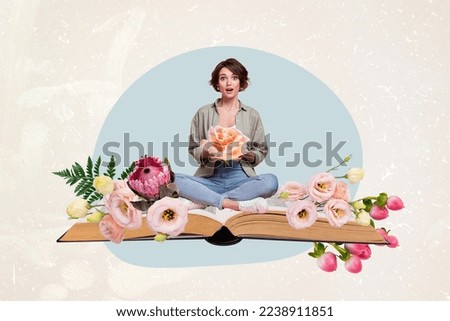 Composite collage picture of impressed little girl sitting huge opened book bunch fresh flowers isolated on drawing background