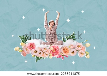 Creative collage picture of cheerful dreamy girl stretching awakening bed bunch flowers isolated on drawing background