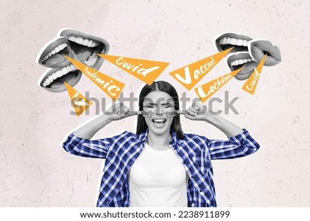 Creative photo 3d collage poster postcard picture of nervous girl finger cover ears refuses listen noise isolated on painting background