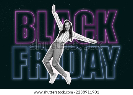 Collage artwork graphics picture of smiling excited lady excited black friday shopping isolated painting background