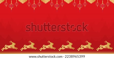 Seamless linear pattern wallpaper for Chinese New Year decorations. Rabbit golden on red background. Zodiac sign year of the rabbit. With copy space for text. Vector EPS10.