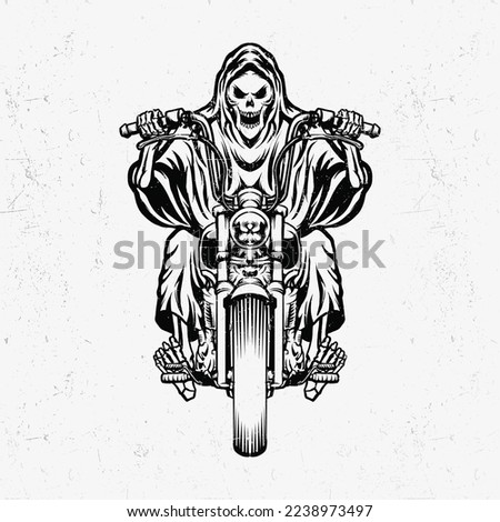grim reaper wearing choper line art vector illustration