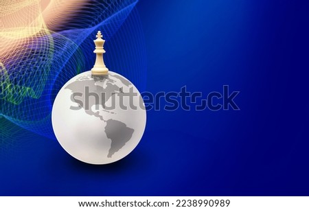 White chess king stand on top of the world on line art future background, Leader need strategy and technology to rule the world concept