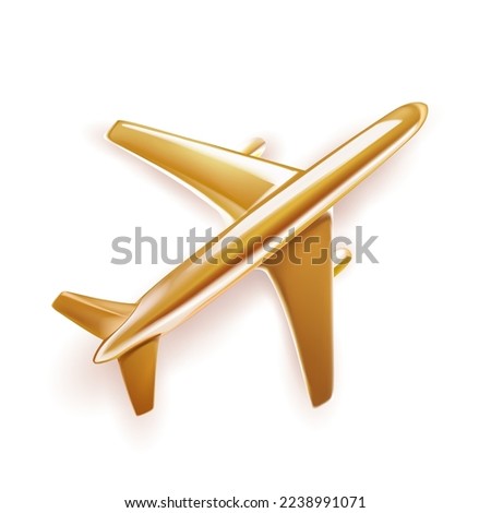 Vector realistic 3d airplane made of gold top view icon. Passanger golden aircraft 3d glossy render. Aviation and traveling symbol.