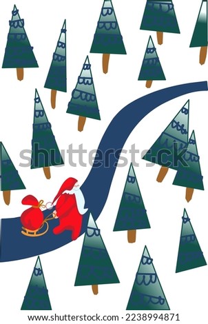 Vector illustration. New Year cute minimalistic postcard. Christmas story, Santa Claus with gifts walks through the forest with Christmas trees.