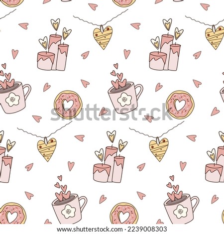 Valentine's day cartoon vector seamless pattern. Romantic pink elements on white background. Donut, heart necklace, candles, cup.