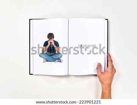 frustrated man printed on book