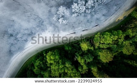Empty winding road through dense forest in Sigulda, Latvia Winter and summer in one picture