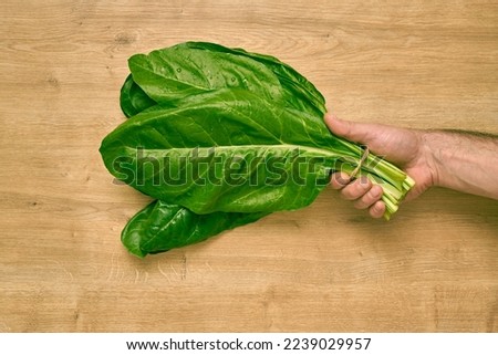 Man holding a bunch of fresh spinach on a wooden kitchen counter.                              