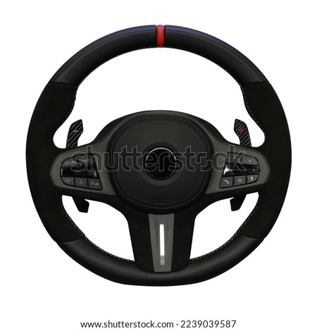 Steering wheel car driving control with airbag and button switch signal isolated on white background. This has clipping path. Royalty-Free Stock Photo #2239039587