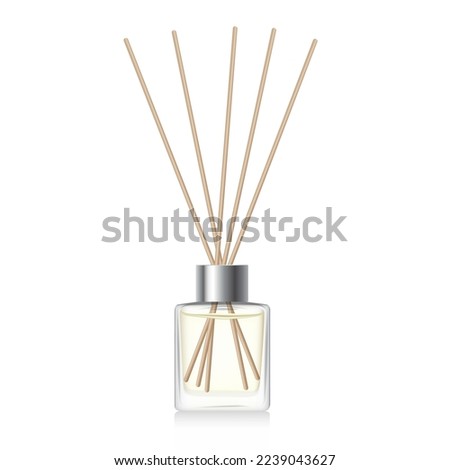 Transparent reed diffuser bottle mockup. Home fragrance with yellow liquid perfume. Cube aromatic diffuser with silver cap. 3D vector illustration Royalty-Free Stock Photo #2239043627