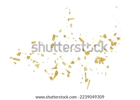 Golden confetti fall on a white background. Flying shiny particles illustration. Decorative element. Luxury background for your design, postcards, invitations, gift, VIP.