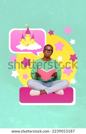 Vertical collage picture of minded creative girl hold book think imagine fairytale castle isolated on drawing background