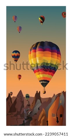 Vintage Air balloons on the sky, Vector Background. air balloons with background of mountains travel poster with air balloons