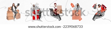 Exclusive magazine picture sketch collage image of happy smiling people working online retail shopping isolated painting background Royalty-Free Stock Photo #2239068733