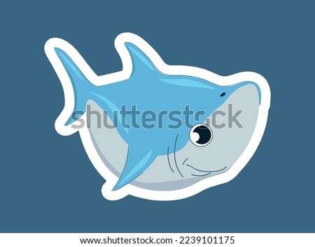Cool shark icon. Charming and adorable character, dangerous predator. Tropical and exotic fish in sea or ocean, marine. Graphic element for printing on fabric. Cartoon flat vector illustration