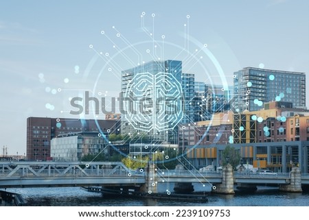 Panorama city view of Boston Harbor at day time, Massachusetts. Financial downtown. Hologram of Artificial Intelligence concept. AI and business, machine learning, neural network, robotics