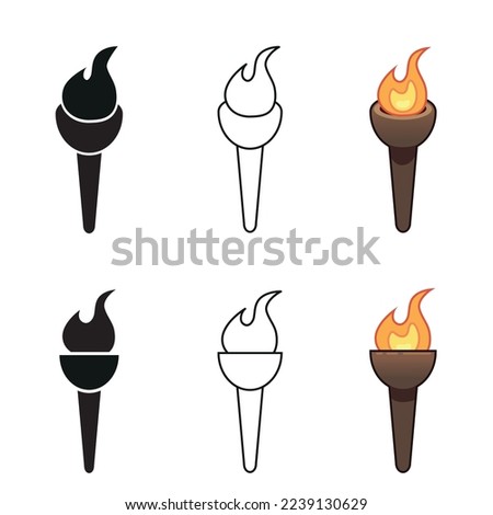 Vector borning torch icons isolated on white. Simple torch flaming fire pictograms line art, silhouette and color