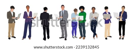 Diverse group of business people standing with laptop. Collection of men and women different races and ages in office smart casual and formal outfits working on computer. Vector illustrations isolated