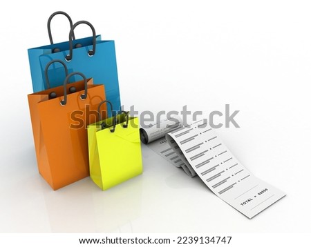3d rendering colorful shopping bags with computer bill