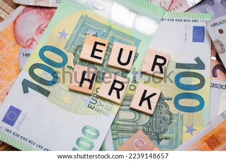 The inscription EUR HRK, i.e. the Euro to Kuna exchange rate. Croatia adopts the euro and joins the euro zone Royalty-Free Stock Photo #2239148657