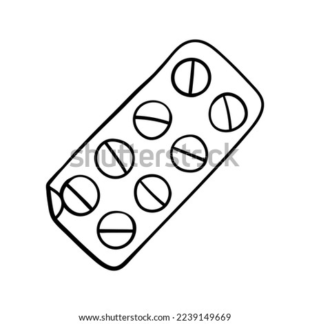 Pill blister pack hand drawn outline vector illustration. Isolated on white background