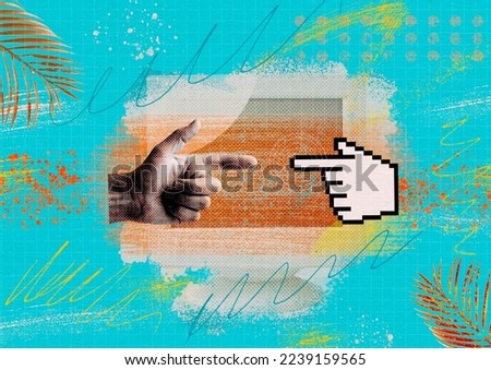 Creative human hand collage and pixel finger pointer 