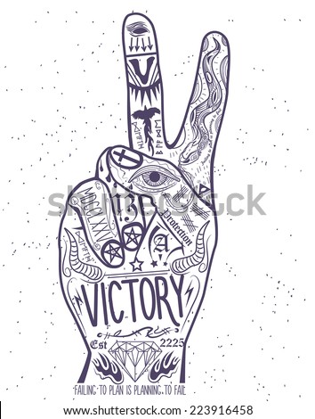 Vintage victory hand symbol. Printing Elements. Hand logo in the style of the tattoo. Finger sign. Victory sign logo