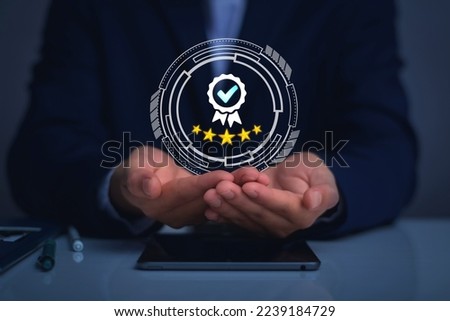 Quality Assurance Concept. Business people show high quality assurance mark, good service, premium, digital signature, premium service assurance, excellence service, high quality, excellence guarantee Royalty-Free Stock Photo #2239184729