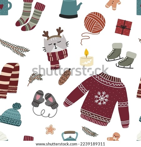 Cozy christmas seamless pattern. Winter holiday decoration. Vector print for fabric, wrapping paper.