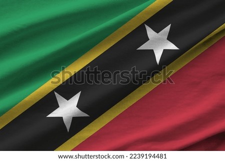 Saint Kitts and Nevis flag with big folds waving close up under the studio light indoors. The official symbols and colors in fabric banner