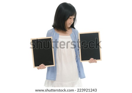 Beautiful asian girl holding  two chalk board on white background isolated