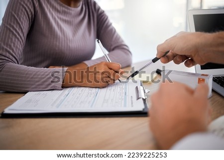 Doctor, patient and hands sign documents, notes and paperwork for life insurance policy, medical form or consultation. Closeup, woman and healthcare contract, surgery consulting and hospital planning