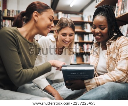 Student, friends and book in school library for education, learning or knowledge together at university. Students smile for book club, books or information for research assignment or group project Royalty-Free Stock Photo #2239225453
