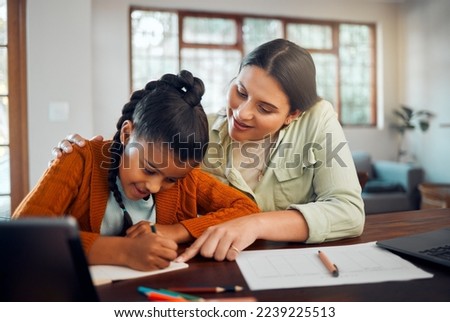 Learning, teaching and mother with child for writing, language and translation education, knowledge and development. Mom support or help girl kid for home school, study and creative growth at a table