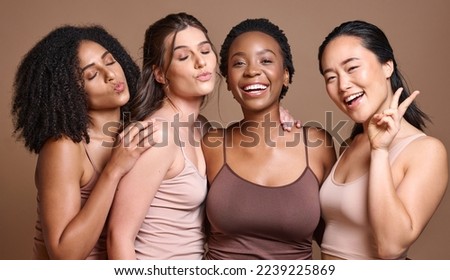 Girl friends, diversity and model group portrait feeling happy about skincare, wellness and skin glow. Women, beauty and fun hand sign showing happiness from cosmetic, dermatology and female support