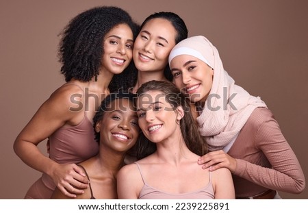 Women, faces or diversity on studio background in empowerment trust, solidarity support or community self love. Portrait, smile or group beauty models, happy facial expression or religion acceptance