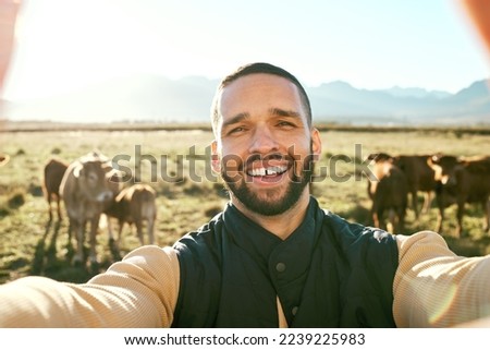 Man, farm and portrait smile for selfie in the countryside with live stock, cows or production for agriculture growth. Happy male farmer smiling for travel, farming or photo in nature with animals
