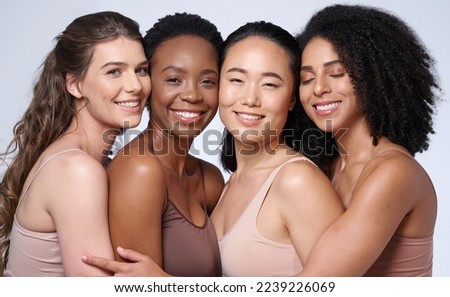 Face portrait, beauty and group of women in studio on gray background. Cosmetics, makeup and diversity of female models with glowing and flawless skin after spa facial treatment posing for skincare. Royalty-Free Stock Photo #2239226069