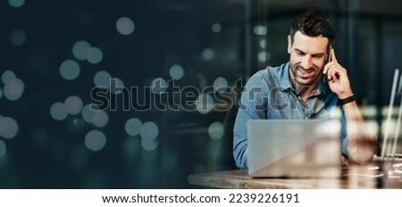 Phone call, finance and businessman with a laptop for networking, connection and branding of company with mockup space. Banner, planning and employee with pc advertising financial accounting agency